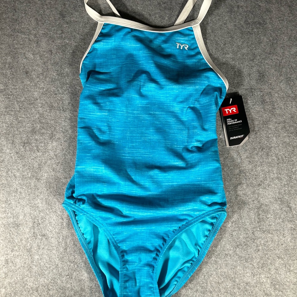 NWT female TYR Durafast swim suit, size 30, small, competitive swimming, blue